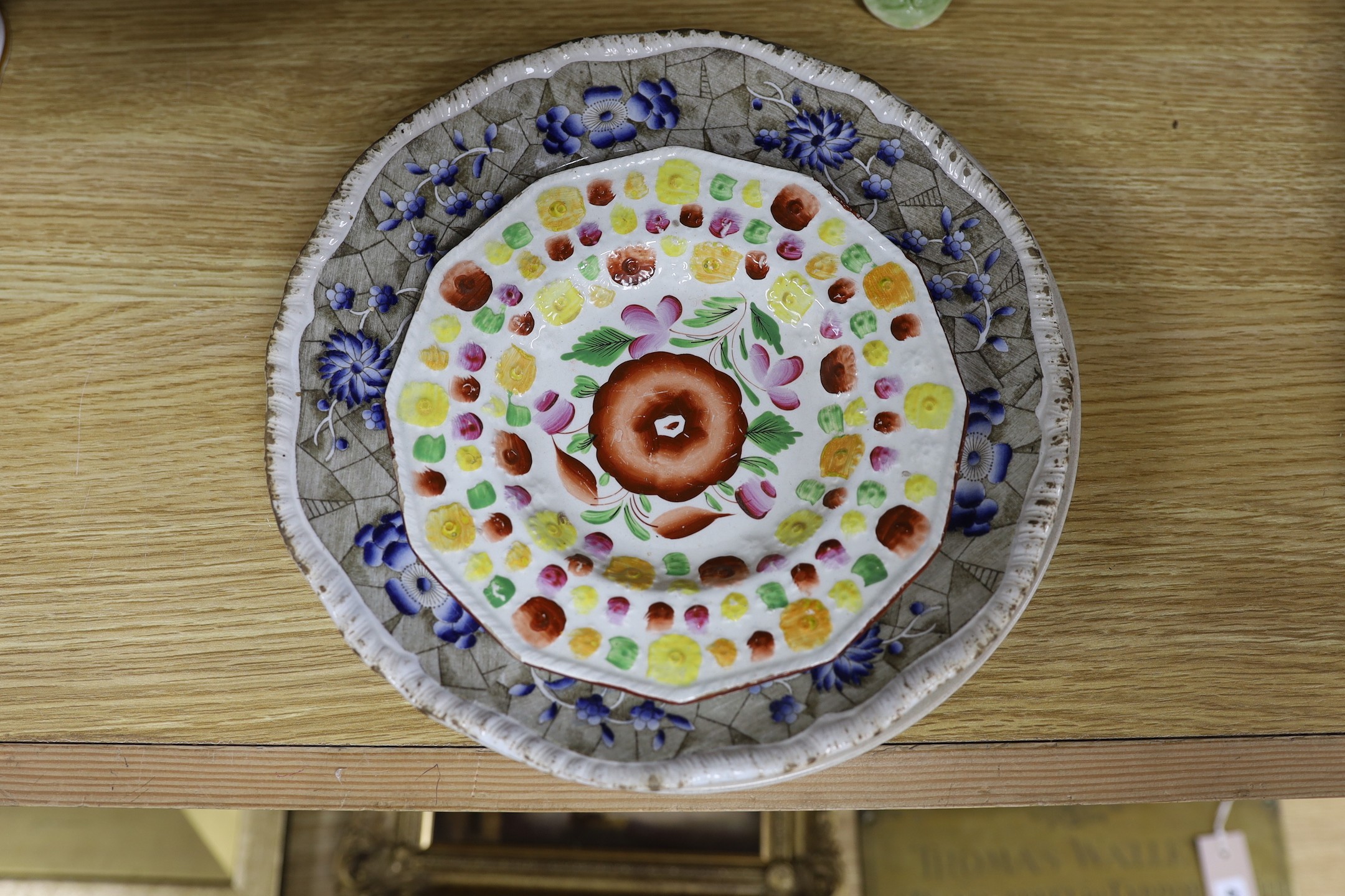 An early Victorian bone china jug, 19.5cm tall, related oil on canvas, three plates and continental vase